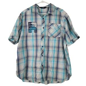 VTG Y2K Rocawear Mens Button Up Shirt 2XL Blue Plaid Short Sleeve Streetwear